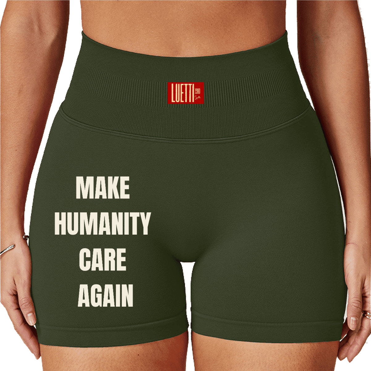 MAKE HUMANITY CARE AGAIN Seamless High-Waisted Yoga Shorts