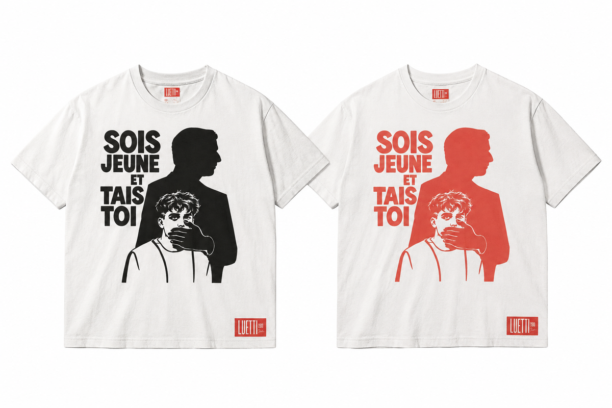 Two white short-sleeve graphic T-shirts shown side by side on a plain white background. Each shirt features a bold typographic design reading 'SOIS JEUNE ET TAIS TOI' with a large black/red silhouette of a man and a child.