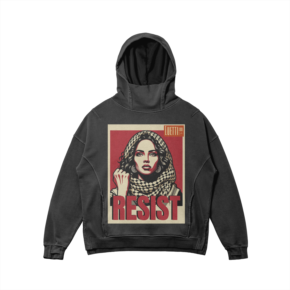 "Resist" Turtle Neck Slit Hem Hoodie with Thumb Holes