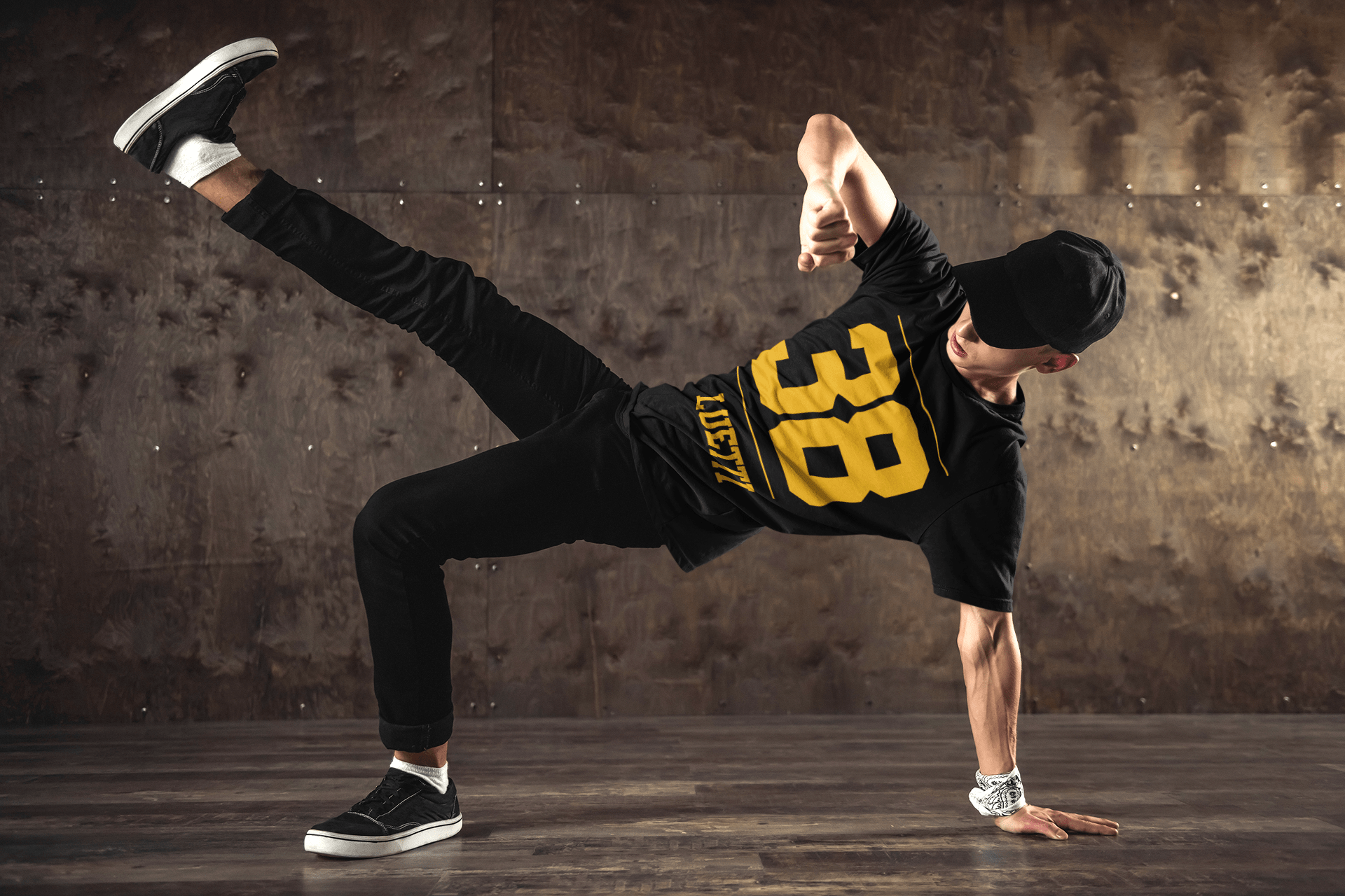 Breakdancer wearing athletic shirt