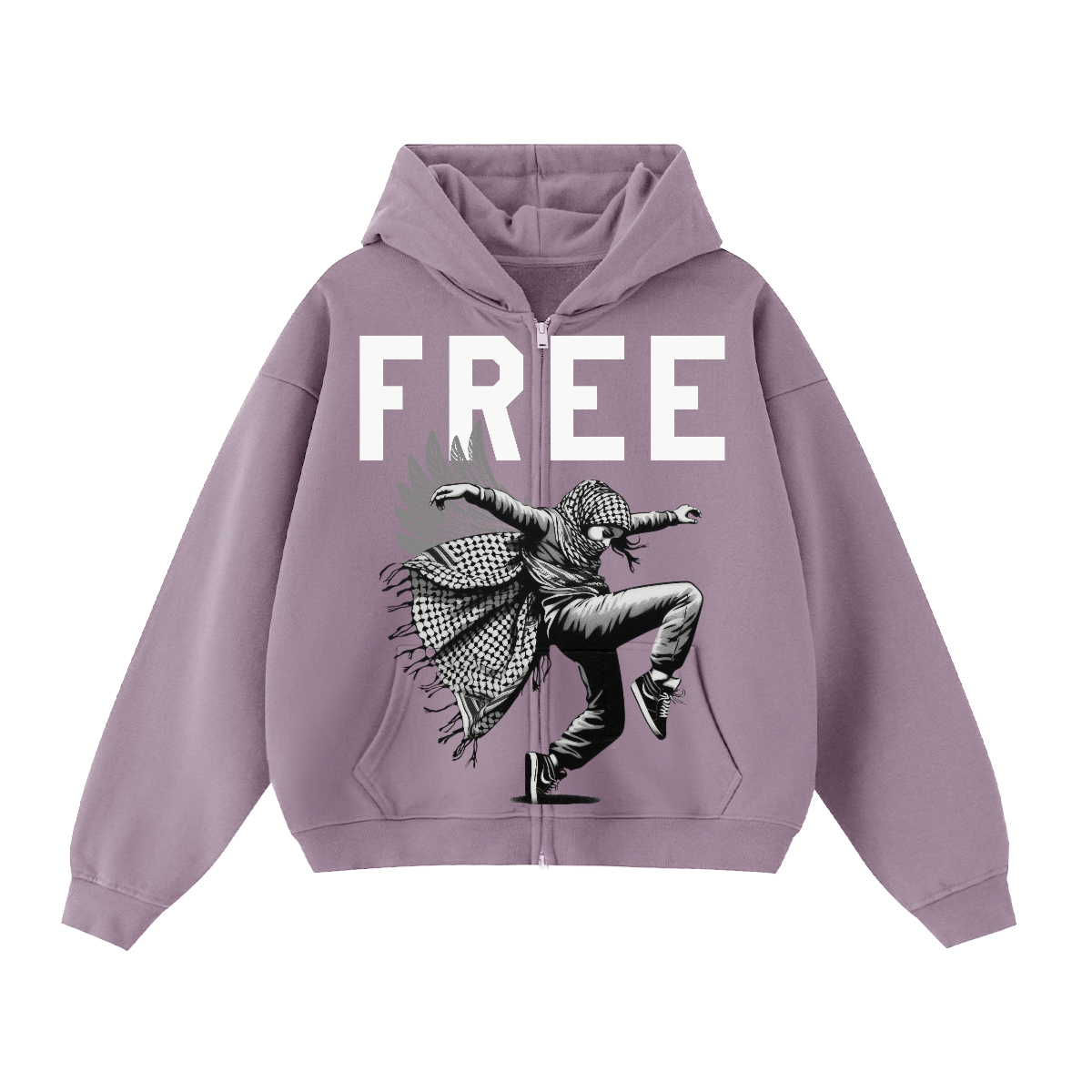 Purple hoodie with a graphic of a person and the word 'FREE' on a white background