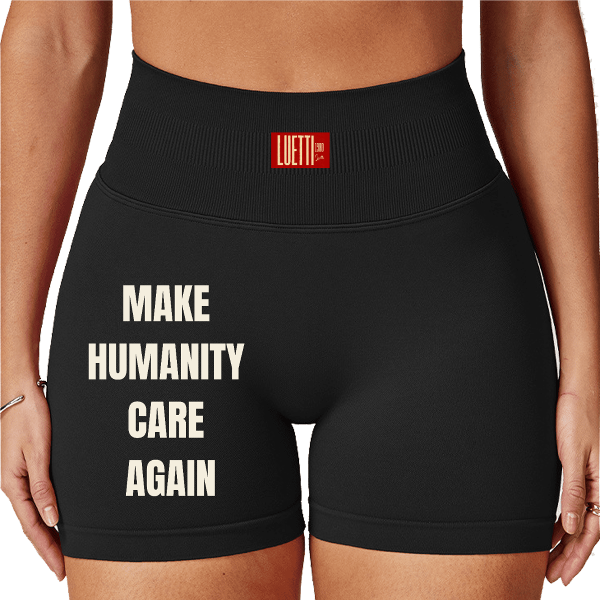 MAKE HUMANITY CARE AGAIN Seamless High-Waisted Yoga Shorts