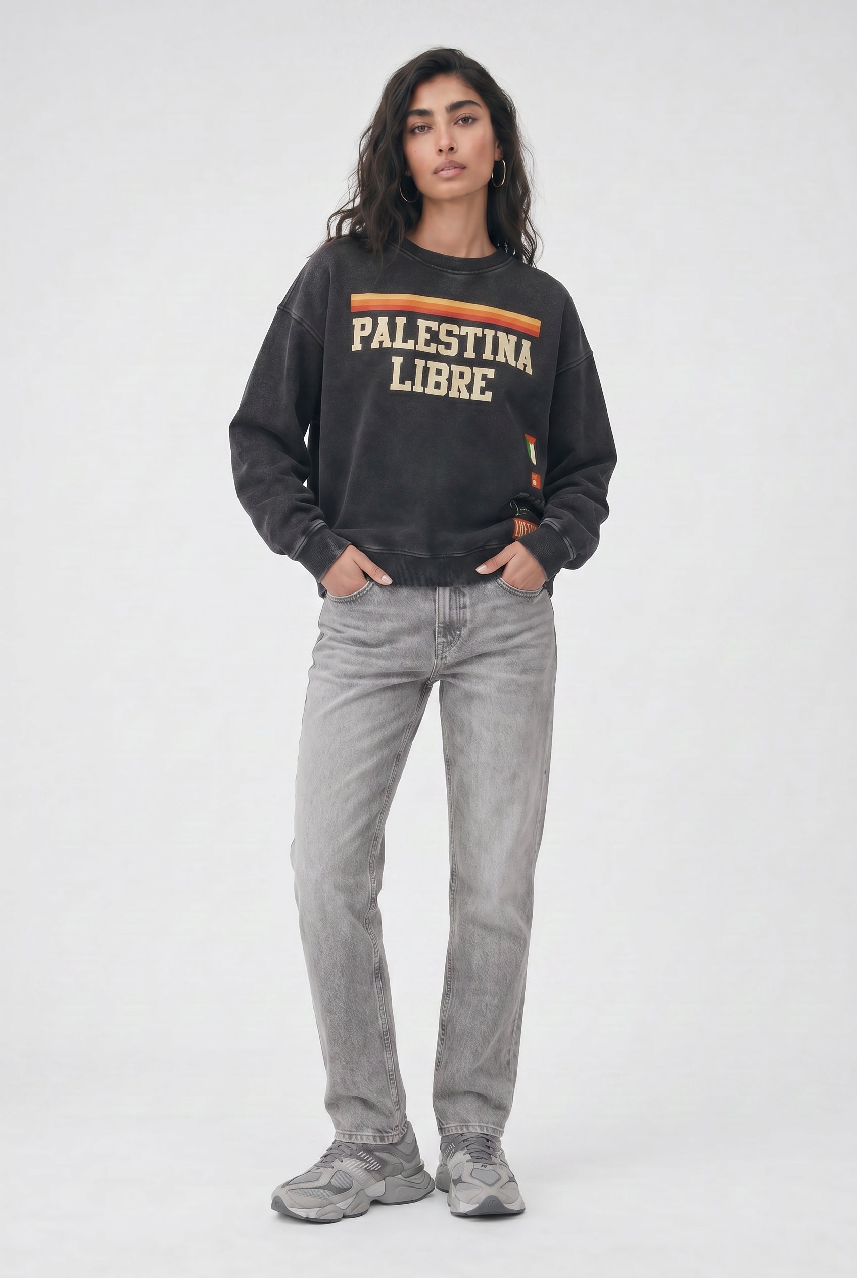 Persia wearing the Vintage Palestina Libre Washed Oversized Sweatshirt - hands in pockets