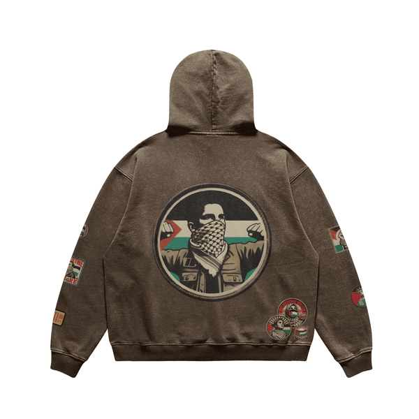 RELAXED FIT VINTAGE PALESTINIAN PRINTED PATCHES FADED HOODIE