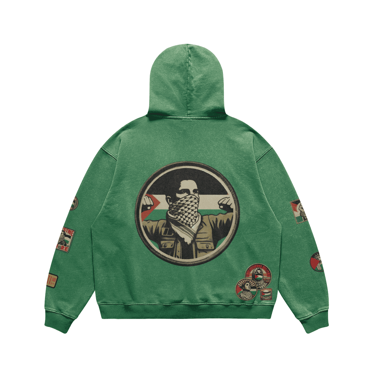 RELAXED FIT VINTAGE PALESTINIAN PRINTED PATCHES FADED HOODIE