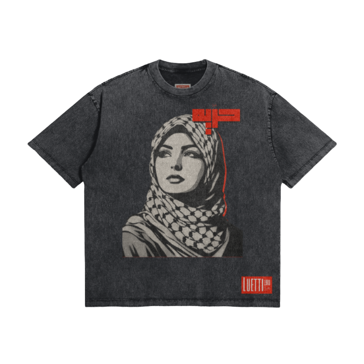 PAlestine Tshirt Woman WEaring Kuffiyeh Arabic