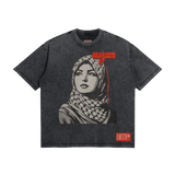 PAlestine Tshirt Woman WEaring Kuffiyeh Arabic